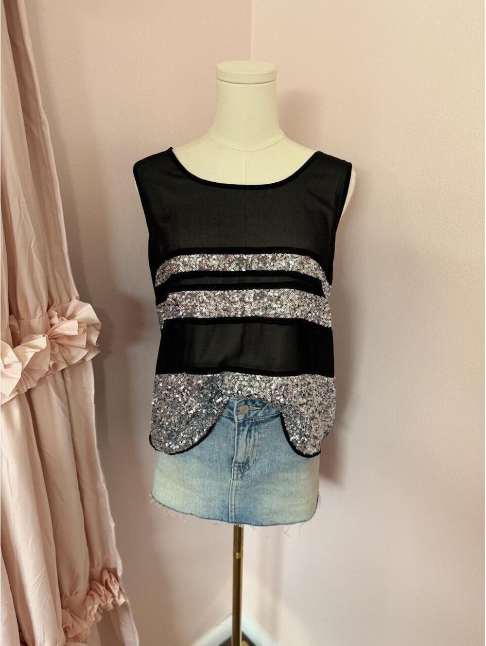 Cecico Black Sheer Silver Sequin Sleeveless Party Top | Y2K Glam | Small